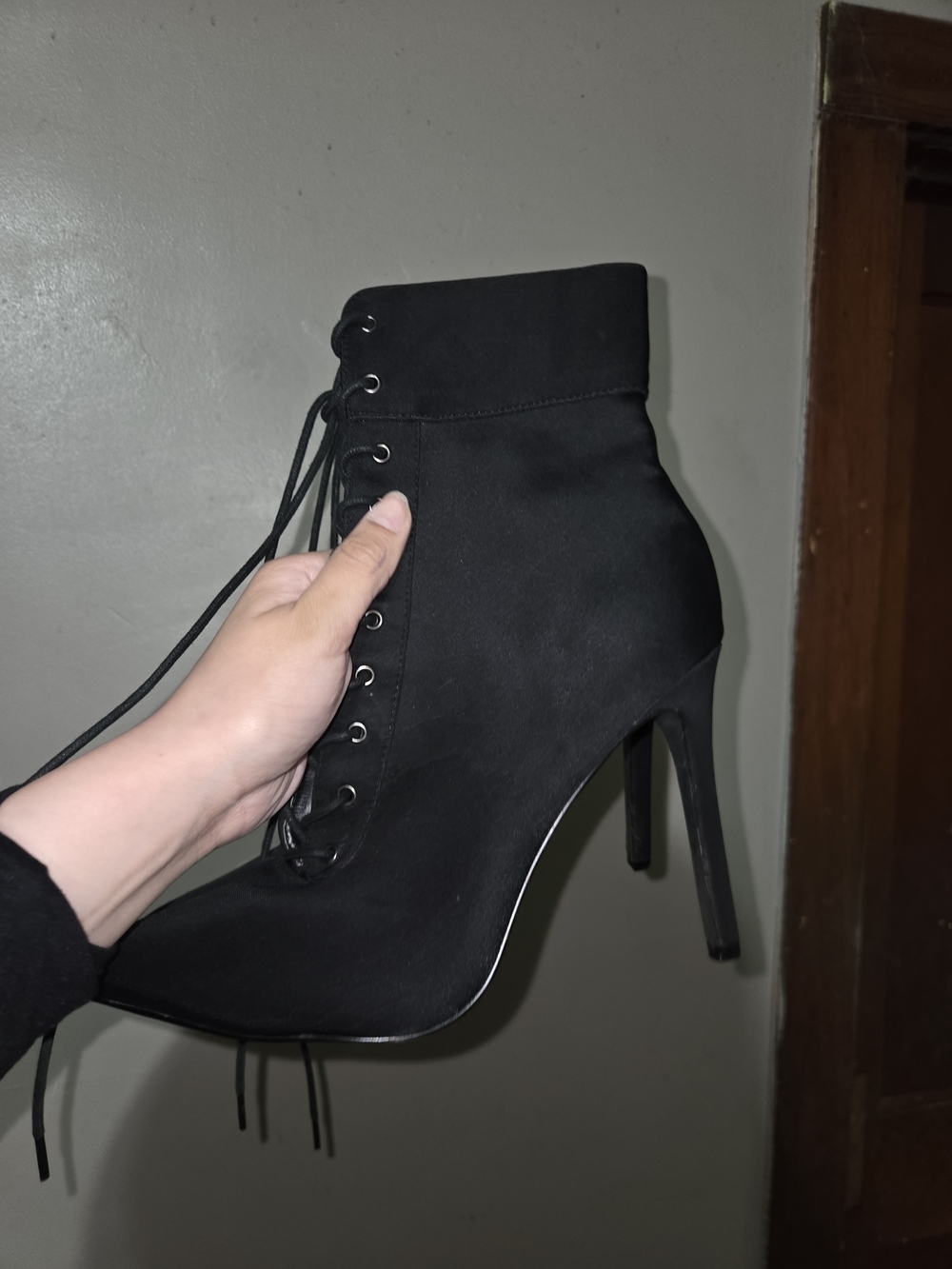 Black Lace-Up Stiletto Ankle Boots - Picture 3 of 4